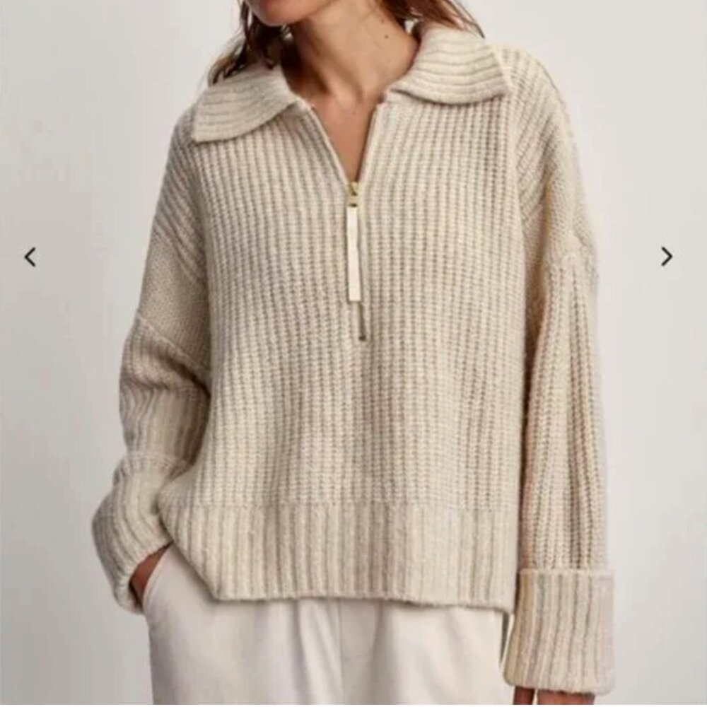 VARLEY Amelia Half Zip Knit Pullover Sweater Birch Chunky Shaker Ribbed EVEREVE